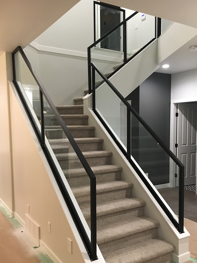 modern interior glass stair handrail, flat black, vancouver
